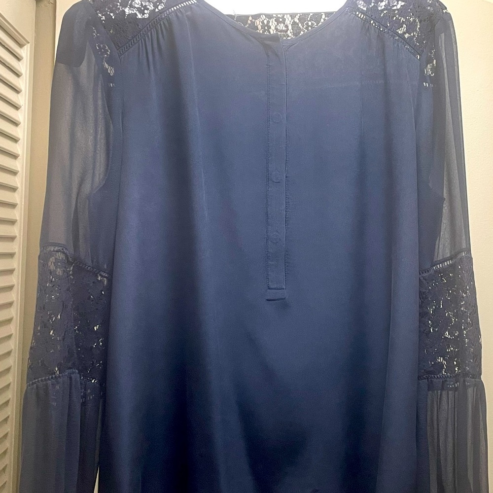 NWOT $425 Rebecca Taylor Lace Navy Blouse Victorian Vibes + Ladylike sz L